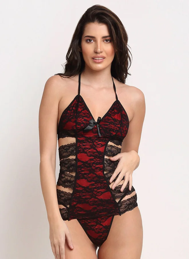 Laceandme Laceandme Black & Red Halter Neck Baby Doll with Briefs